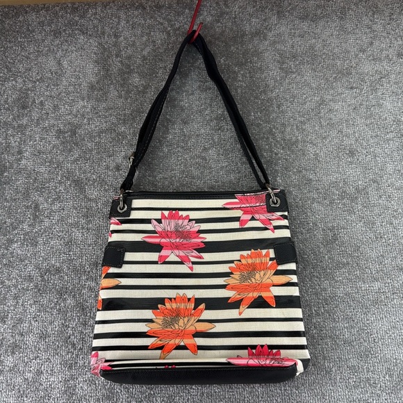 Sakroots Artist Crossbody Shoulder Satchel Bag Purse Striped Black White Floral - Picture 7 of 10